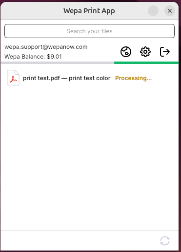 Linux Print App showing a print job uploading