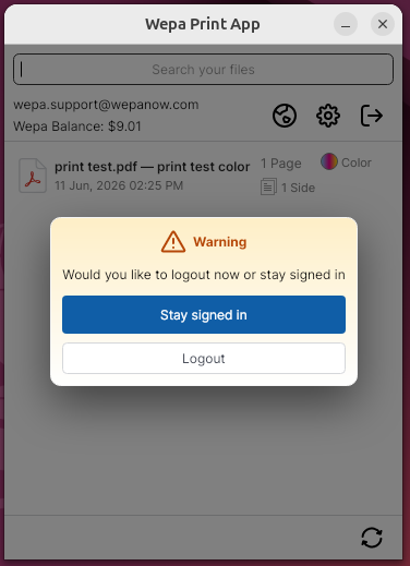 Linux Print App logout after upload prompt