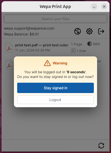 Linux Print App session timeout logout prompt