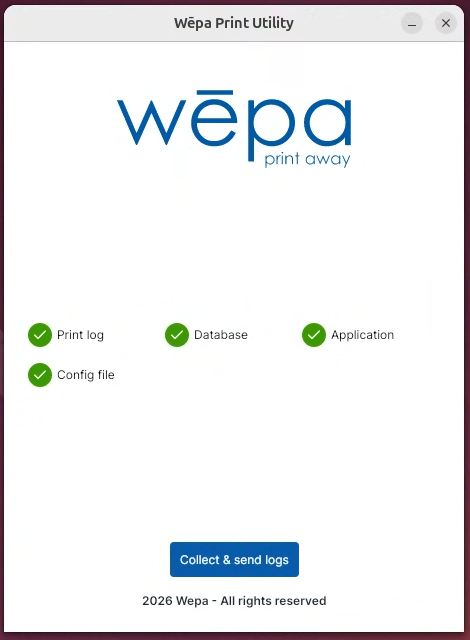 Linux Wepa Print App Utility status and collect logs screen