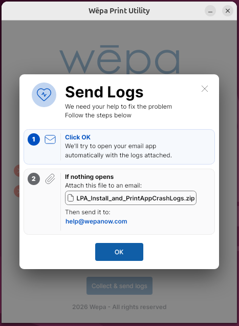 Linux Wepa Print App Utility send logs dialog
