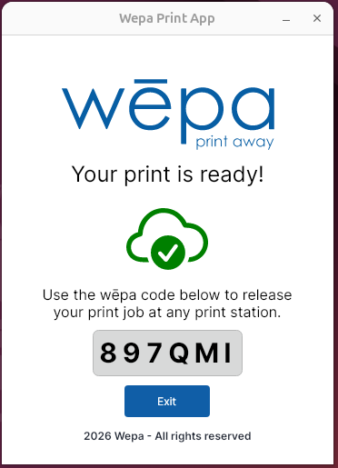 Linux Print App guest print ready screen showing a wēpa code
