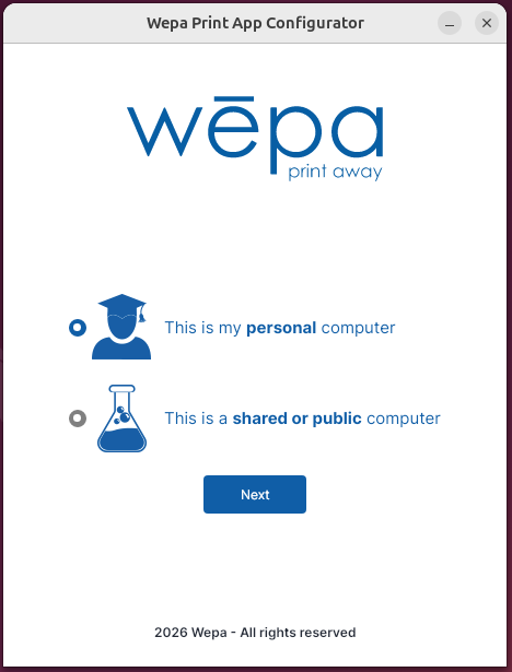 Linux Print App personal or shared public computer selection screen