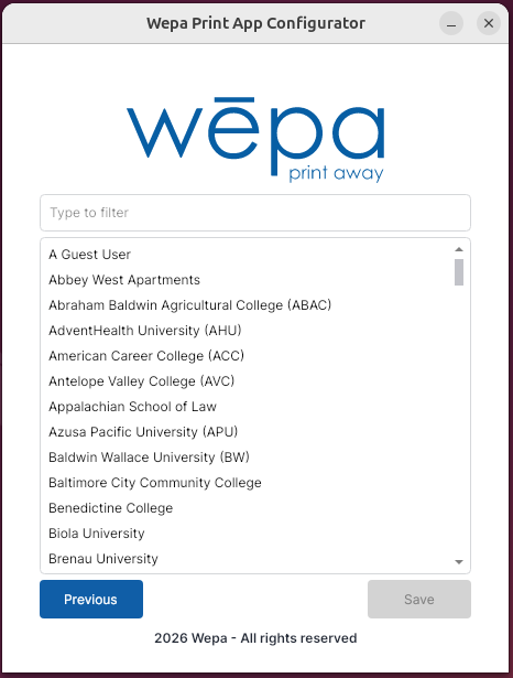 Linux Print App school or institution selection screen