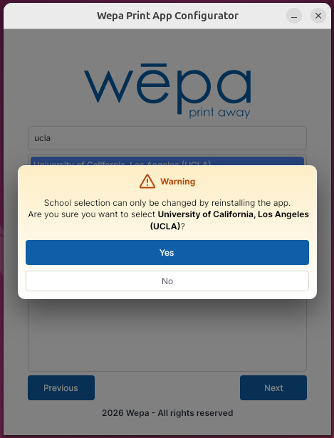 Linux Print App warning that school selection can only be changed by reinstalling