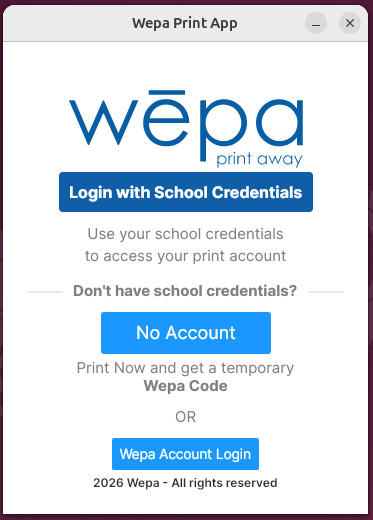 Linux Print App SSO login screen with school credentials and guest printing options