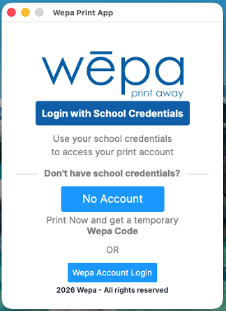 Mac Print App SSO login screen with school credentials and guest printing options