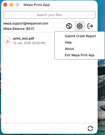 Mac Print App Submit Crash Report menu option