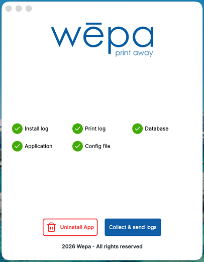 Wepa Print App Utility status and collect logs screen