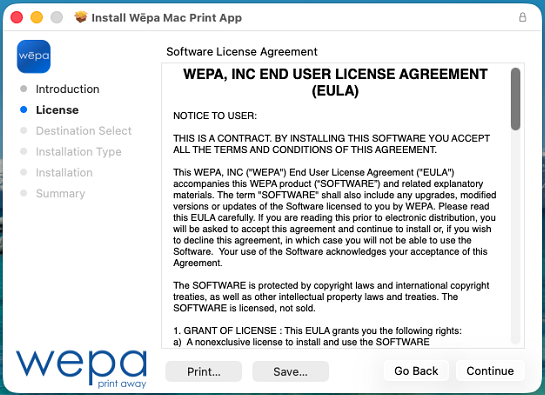Mac Print App license agreement screen