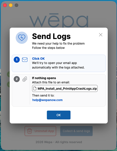 Wepa Print App Utility send logs dialog