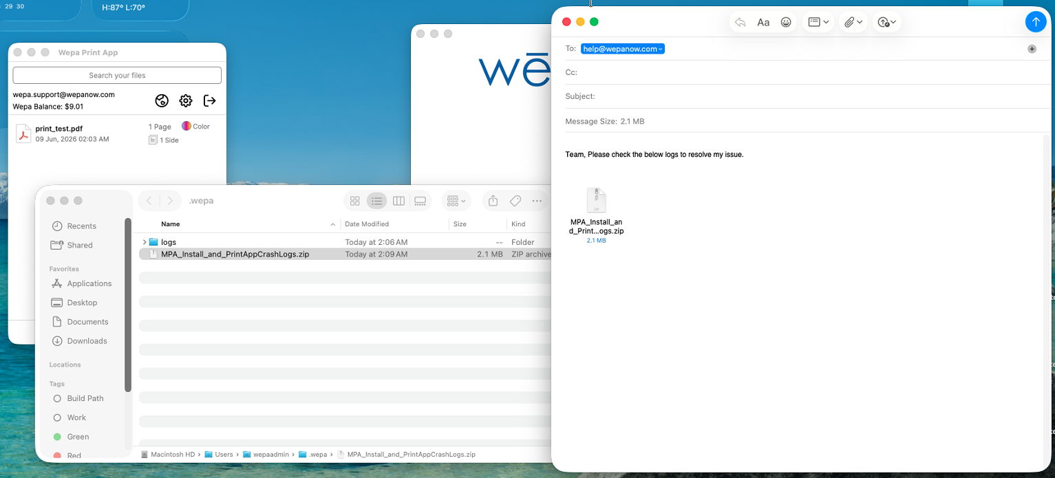 Mac Mail message with Wepa Print App crash logs attached