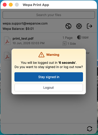 Mac Print App session timeout logout prompt