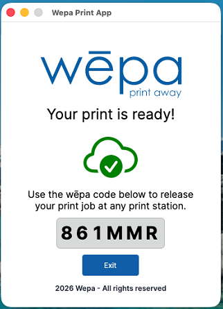 Mac Print App guest print ready screen showing a wēpa code