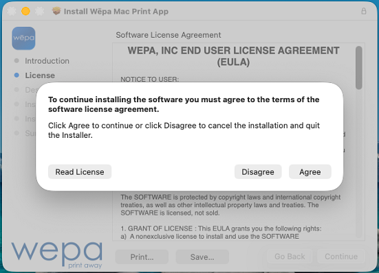 Mac Print App agree to license dialog