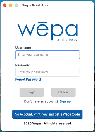 Mac Print App username and password login screen with guest printing option