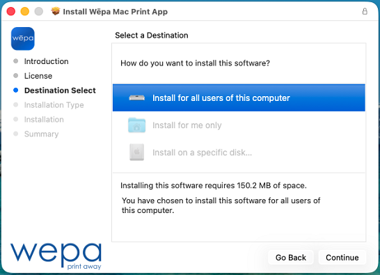 Mac Print App destination selection screen