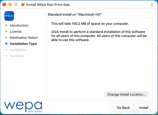 Mac Print App standard install screen