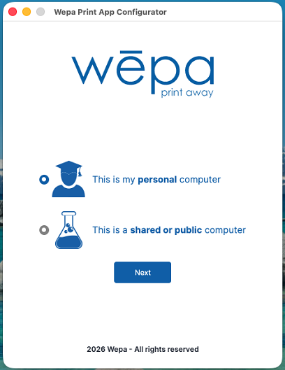 Mac Print App personal or shared public computer selection screen