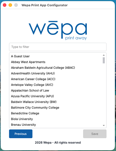 Mac Print App school or institution selection screen
