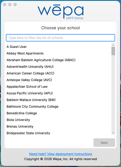 Wepa Lab Configurator school selection screen on macOS