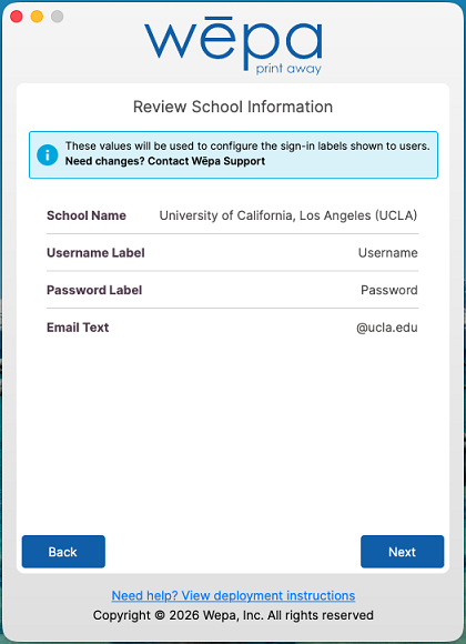 Wepa Lab Configurator school configuration screen on macOS