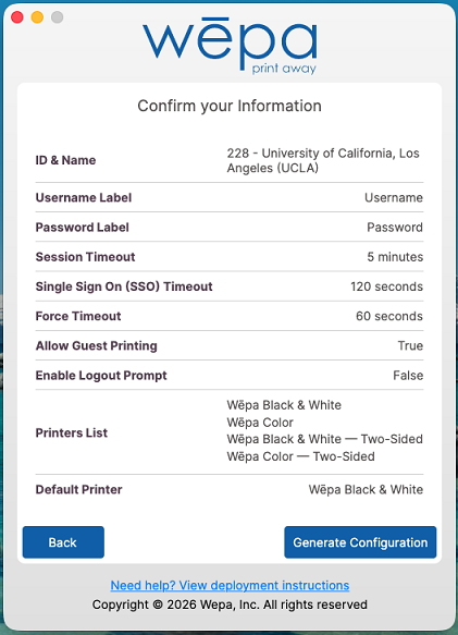 Wepa Lab Configurator confirmation screen on macOS