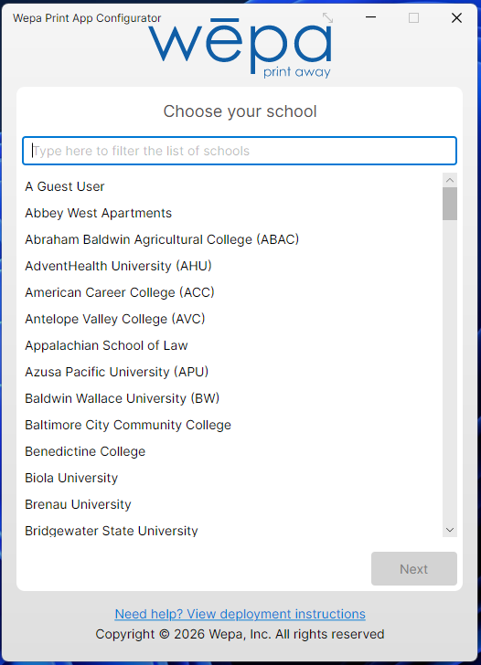 Wepa Lab Configurator school selection screen