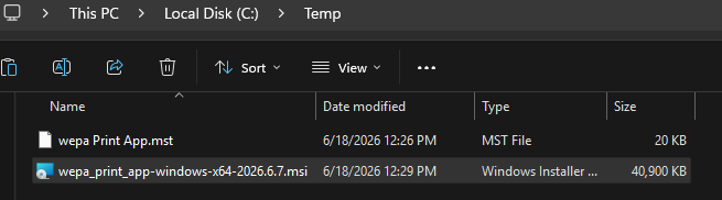 C Temp folder containing the MSI and generated MST file
