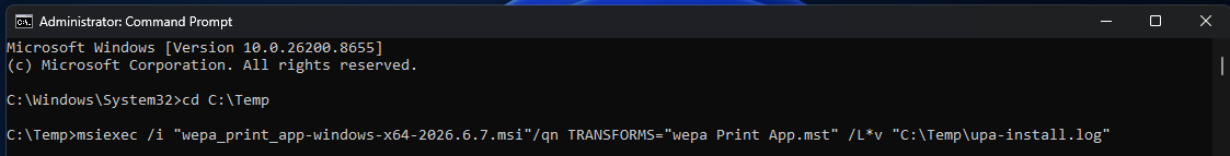 Administrator command prompt running msiexec deployment command