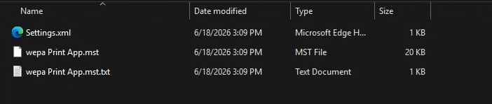 Generated files folder with MSI, MST, Settings XML, and settings text file