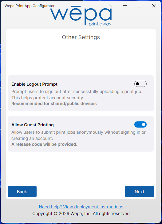 Wepa Lab Configurator manual sign-in options