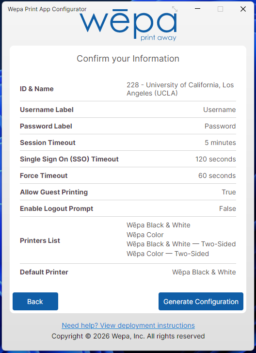 Wepa Lab Configurator confirmation screen