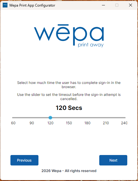 Windows Print App SSO browser sign-in timeout setting