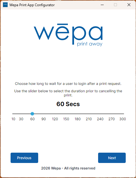 Windows Print App login wait timeout setting