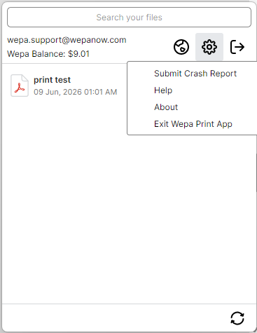 Windows Print App Submit Crash Report menu option