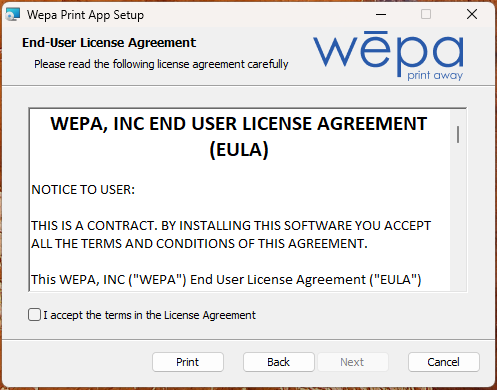 Windows Print App license agreement screen