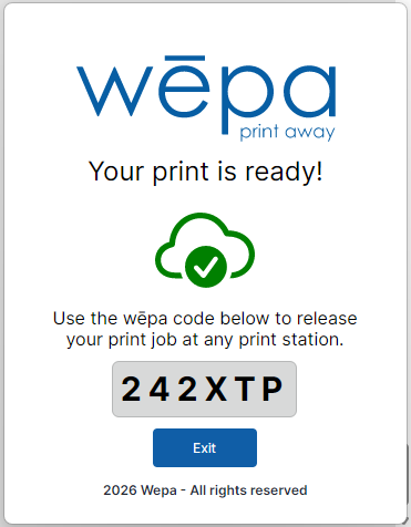 Windows Print App guest print ready screen showing a wēpa code