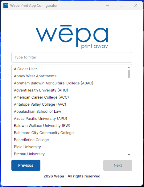 Windows Print App school or institution selection screen