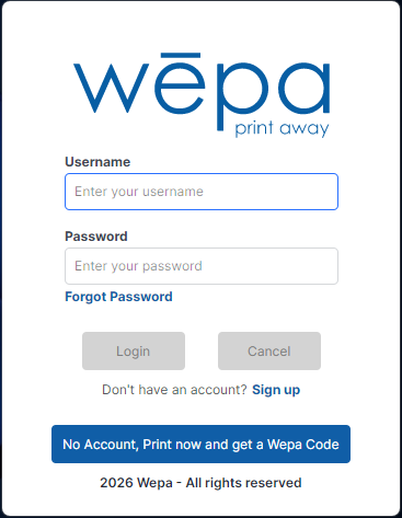 Windows Print App username and password login screen with guest printing option