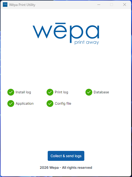 Windows Print App log collection view with Collect and send logs option