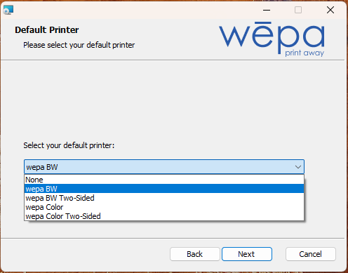 Windows Print App default printer selection screen