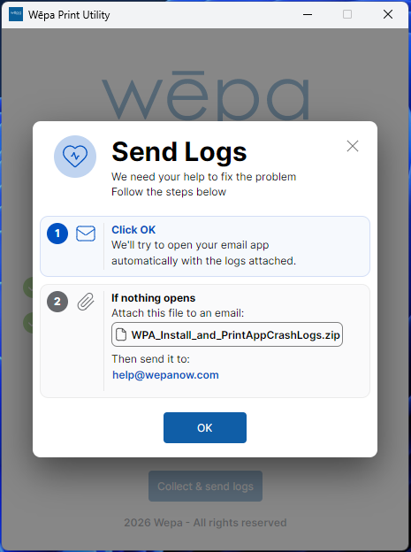Windows Print App confirmation message after collecting logs