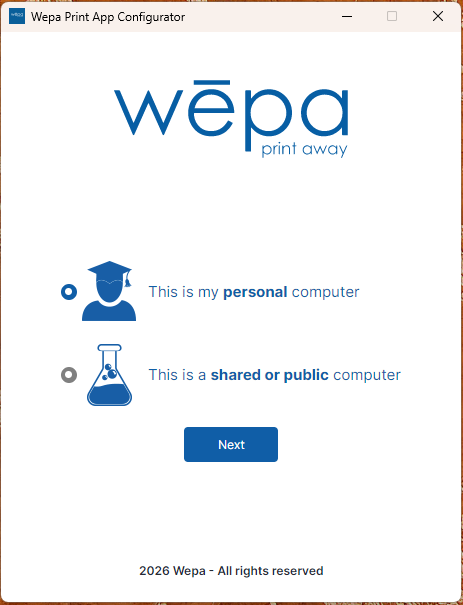Windows Print App personal or shared public computer selection screen