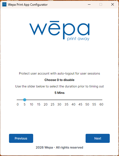 Windows Print App session timeout setting